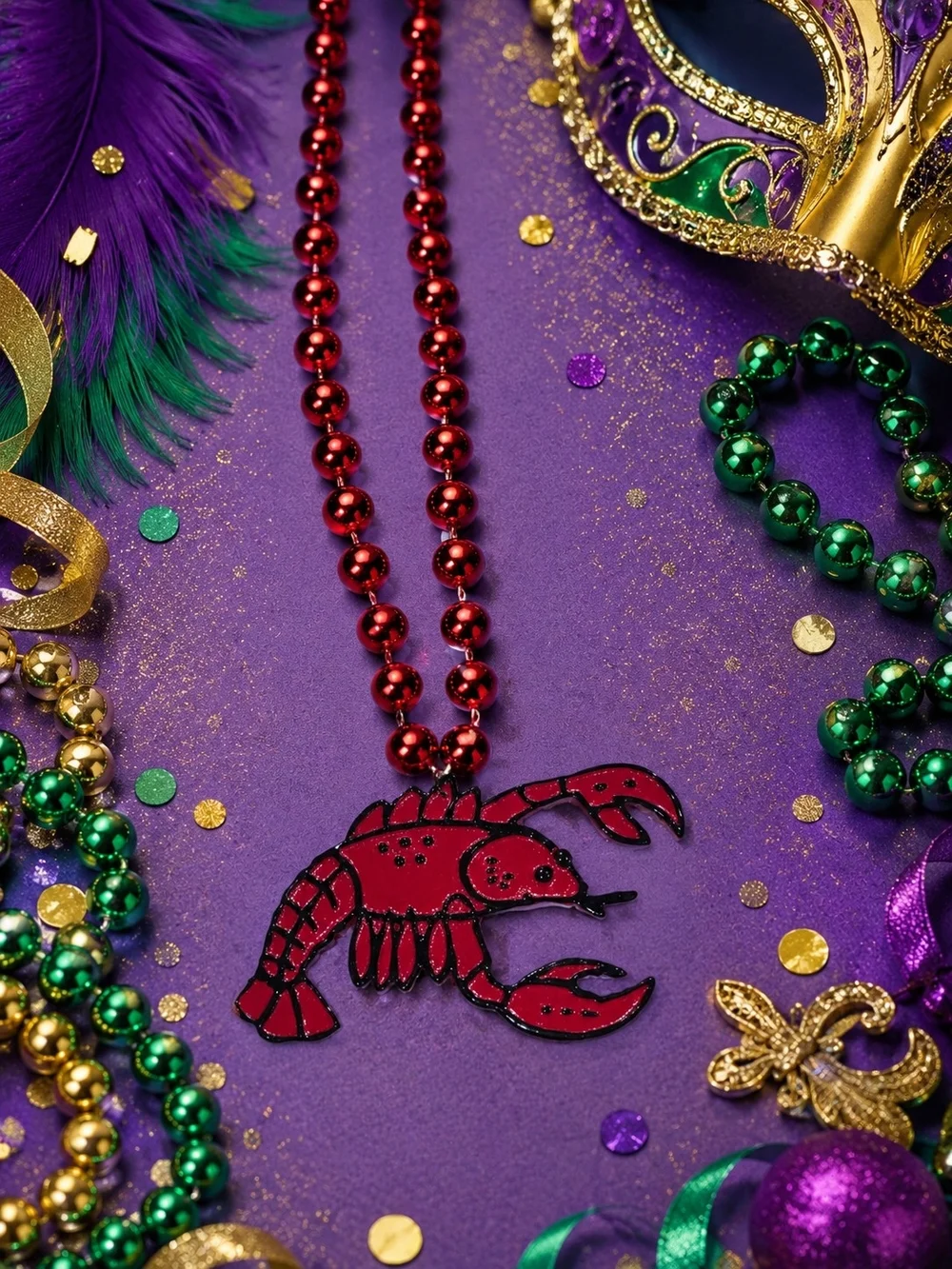 Festive Multi-Color Mardi Gras Bead Necklaces with Red Lobster Pendant